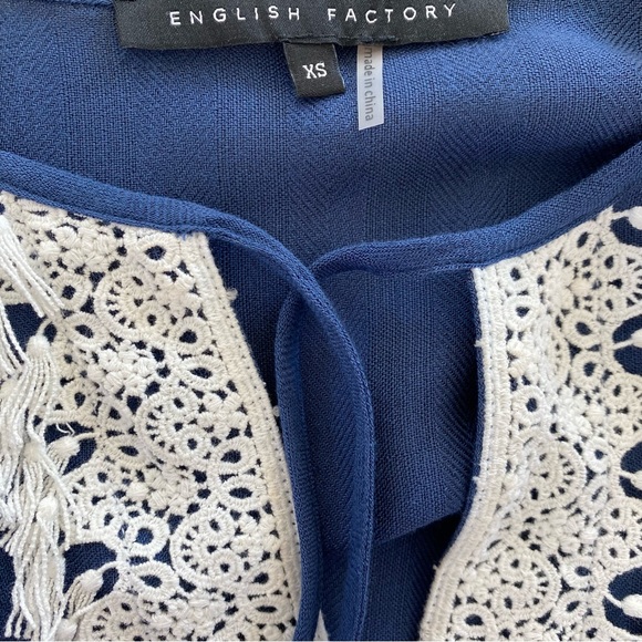 Cute English Factory Ruffle Mini Dress with Lace Trim & Flounce Sleeves Navy XS - Picture 4 of 16